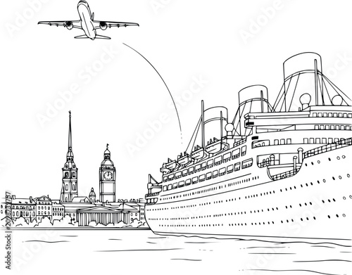 Vintage Ocean Liner Docked at Historic Port City with Spires and Clock Tower Illustration Featuring Waterfront Scene, Maritime History, Classic