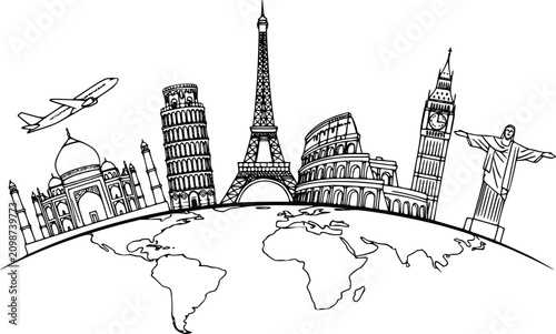 World Travel Skyline Illustration with Iconic Monuments, Airplane and Global Map, Vintage Line Art Travel Concept Design