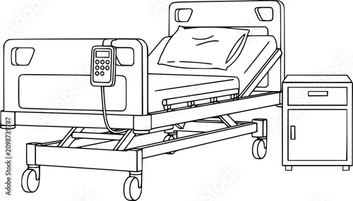 Hospital Bed with Adjustable Headrest and Side Table, Featuring a Control Panel for Height and Angle Adjustments