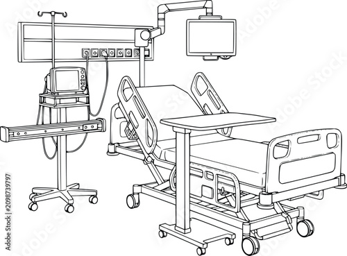 Hospital Bed Illustration with Medical Monitor, Adjustable Rails, Iv Pole, and Tubing, Line Art Healthcare Equipment Concept