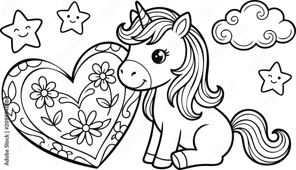 Fototapeta premium Playful unicorn with flowing mane stands beside a large floral heart, black and white line horse with horn
