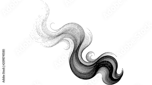 Abstract flowing smoke swirl rendered in a detailed stippled dot art style with high contrast black and white ink lines