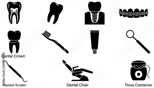 Φωτογραφία Dental Icons Including Crown, Scaler, Chair, Floss Container, and More Featuring