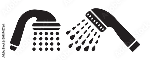 Fotografía Handheld shower head vector icons with water flow droplets for plumbing and bathroom design themes