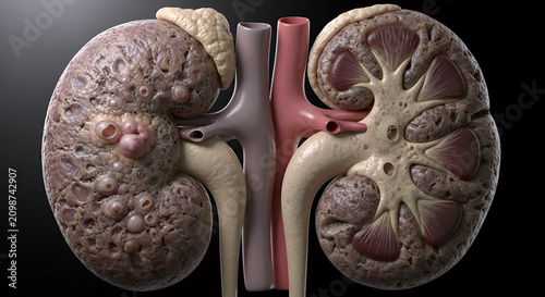 medical model of comparing diseased kidneys with healthy kidneys