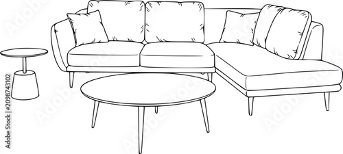 Sofa Chaise Lounge with Round Coffee Table and Side Lamp in Hand Drawn Line Art Interior Design Featuring Sketch Illustration, Monochrome Furniture