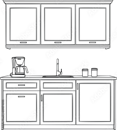 Kitchen Counter Illustration with Coffee Maker, Condiment Containers, Knife, and Drawer Cabinet Line Art Design