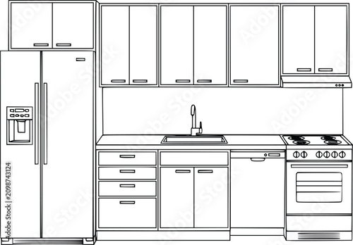 Kitchen Layout with Refrigerator, Stove, Sink, and Cabinets in Modern Design for Home Interior Planning