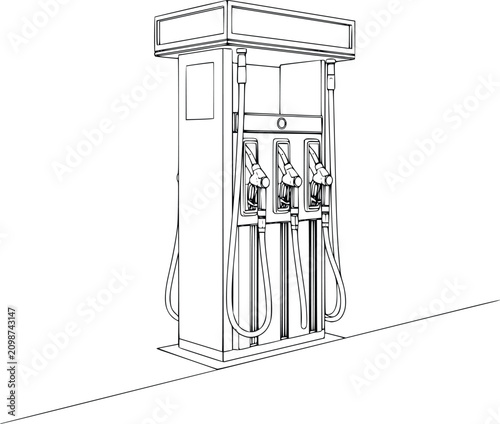 Gas Pump Illustration with Nozzle Hoses, Fuel Dispensers, and Canopy Structure, Line Art Concept for Energy and Transportation Design