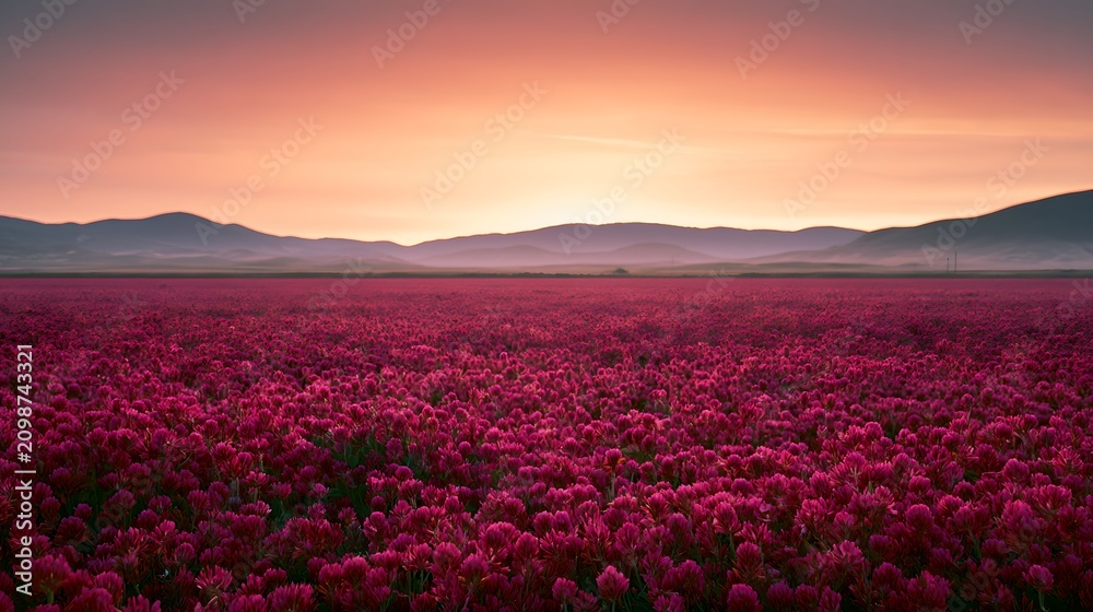 Obraz premium Serene magenta clover field meets hazy mountains bathed in a tranquil fiery sunset glow