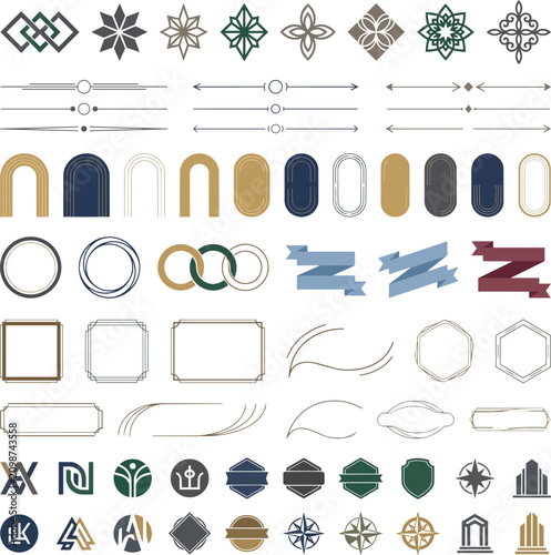 Elegant Vector Ornament Set with Decorative Dividers, Frames, Borders and Geometric Logo Elements for Classic Branding Design