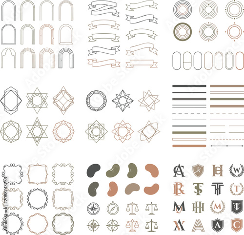 Diverse vector graphic design assets kit decorative frames, elegant ribbons, geometric shapes, initial monograms, dividers, and minimalist icons for creative projects