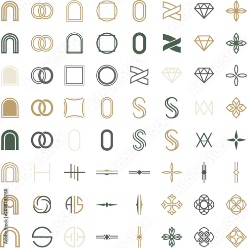 Minimalist set of geometric logo icons and abstract linear symbols for corporate branding and contemporary design identity