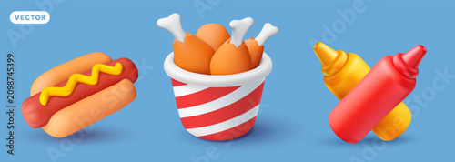 Fast food delivery 3d icons set, realistic crispy fried chicken legs in striped bucket, street food hot dog and bottles with ketchup and mustard sauce, vector collection for menu