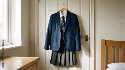 School uniform consisting of a navy blazer white shirt striped tie and pleated gray skirt hanging on a wooden hanger on a door inside a bedroom with a window with bedroom decor ideas, student outfit