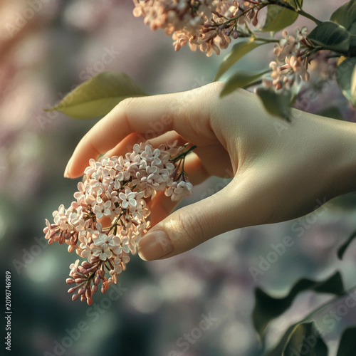 Hand holding delicate lilac flowers in soft light ambiance
