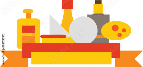 Colorful beauty product display with a red ribbon on checkered background, abstract.