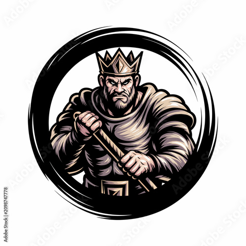 Quadro su tela Medieval king holding sword with crown illustration.