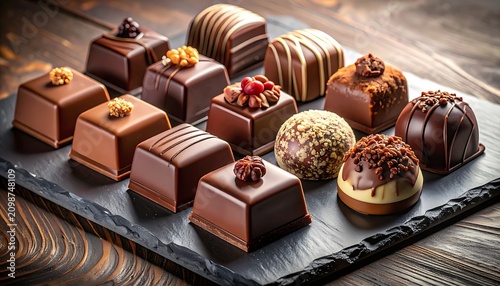 Assorted chocolate desserts on slate plate.