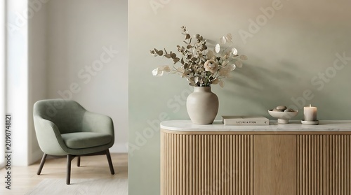 Modern living room with sage green armchair and floral decor. Stylish minimalist interior design with neutral tones and natural light.