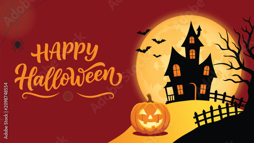 Halloween Haunted House with Jack O Lantern, Full Moon and Flying Bats Night Scene
