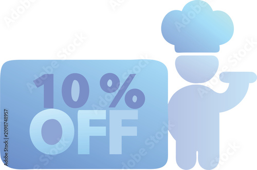 Chef character presenting ten percent off discount coupon for restaurant food promotion use.