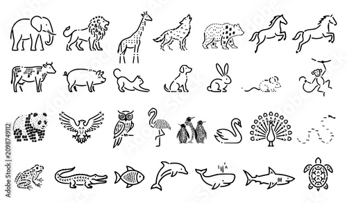 Canvas Print Animal Outline Icon Collection Featuring Mammals, Birds, Fish and Wildlife Vecto