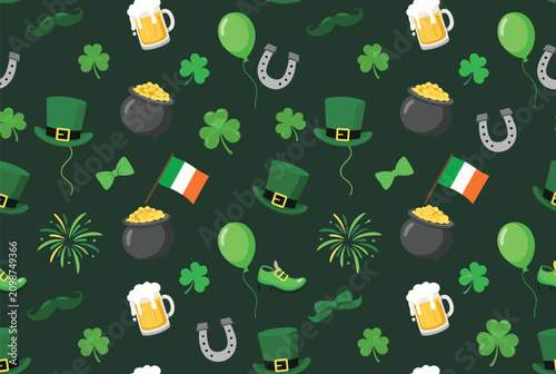 Festive Saint Patrick's Day seamless pattern with leprechaun hats, pots of gold, shamrocks, and Irish flags.