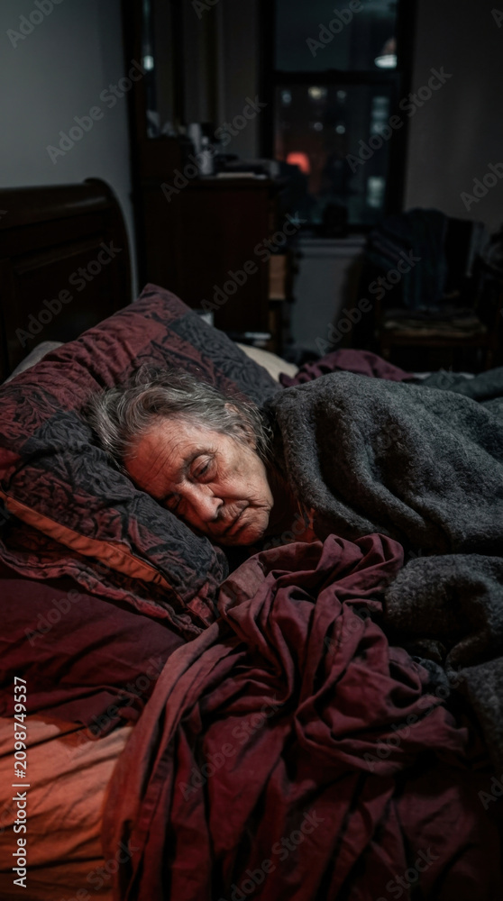 Fototapeta premium Elderly Person Sleeping Peacefully In A Cozy Bedroom At Night