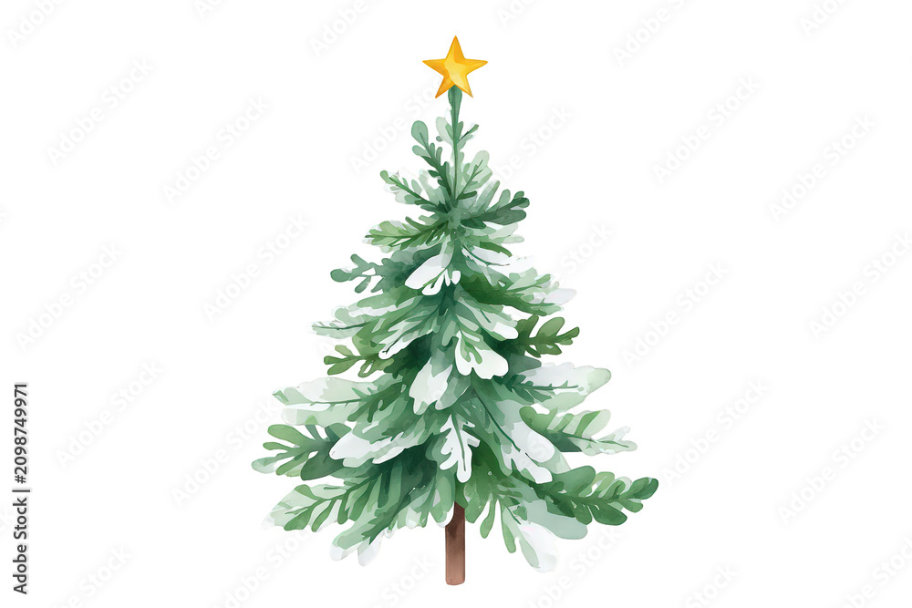 Obraz premium Christmas tree with snow and golden star, watercolor drawing representing winter holiday season and festive celebration