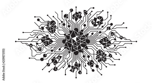 Foto Abstract digital network circuit board concept with geometric nodes and data flo
