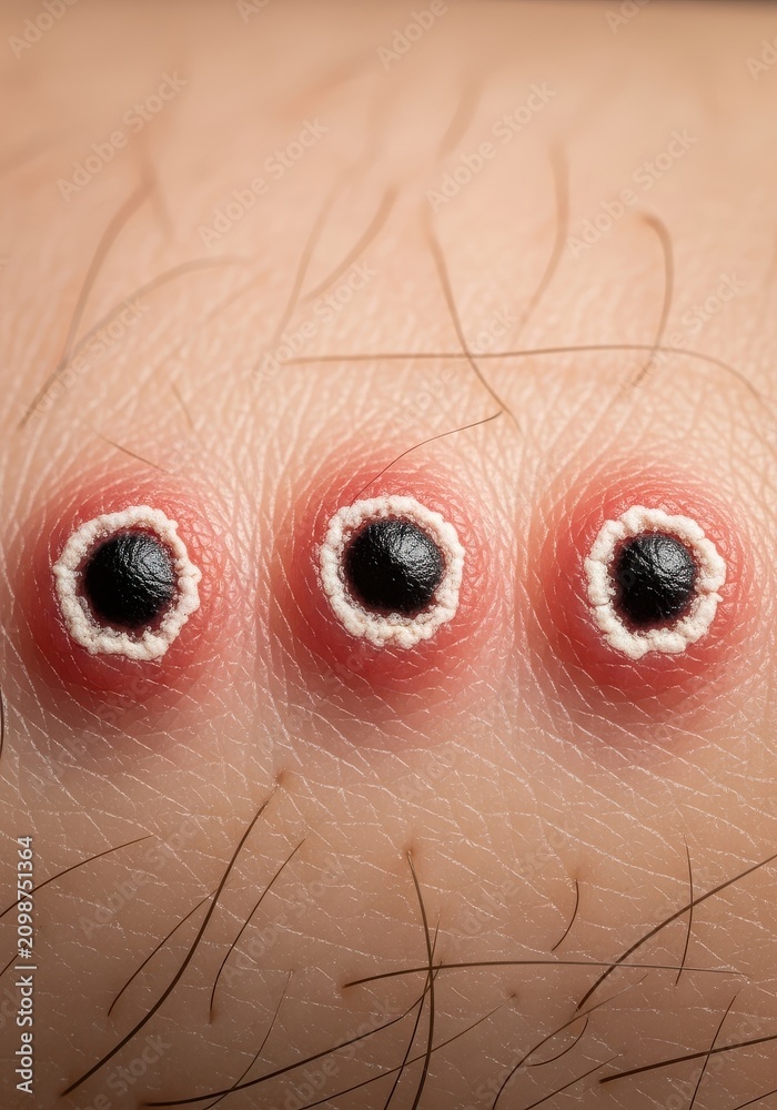 Fototapeta premium Macro view of skin rash with three distinct pustules or lesions, showing symptoms of a viral infection or insect bite