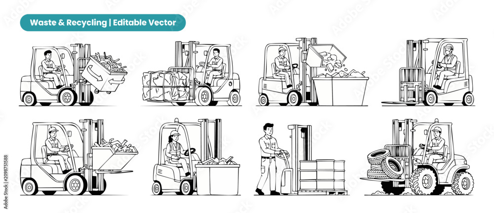 Obraz premium Forklift vector icon set recycling and waste management operations, warehouse workers operating industrial lift trucks for scrap metal, trash, tires, and drums handling line art illustration package