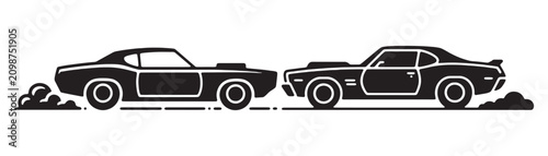 Two classic muscle cars racing side by side creating smoke.