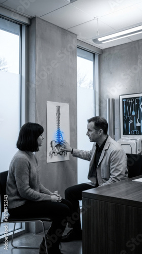 Doctor Explains Spinal Health Using Anatomical Chart To Patient In Modern Clinic