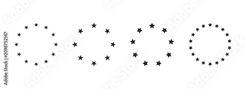 Europe stars signs collection. Schengen eurozone icon. Star circle pattern with varying densities, abstract geometric star frame, symmetrical starburst design. Vector illustration eps10. 
