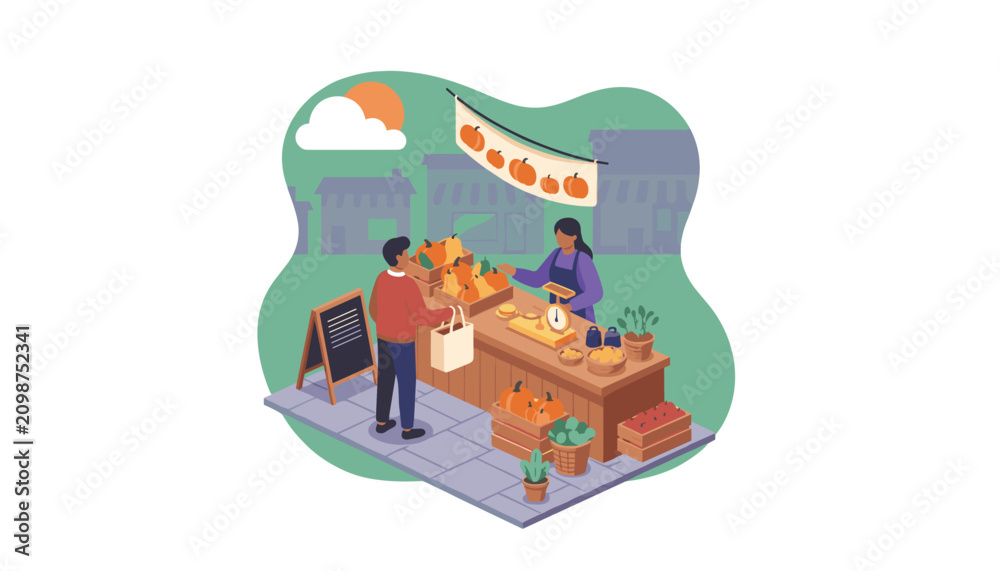Fototapeta premium Customer buying autumn pumpkins at outdoor market stall from vendor