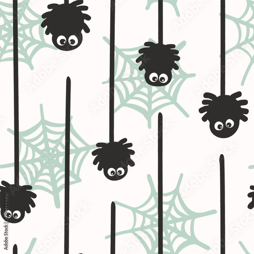Hand drawn little spiders hanging from webs as a minimalist holiday spooky scene in colors of black, off white and blue. Halloween seamless vector pattern. Great for home decor, fabric, wallpaper, etc