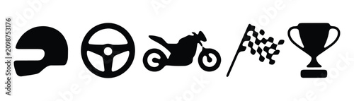 Racing icons concept set with helmet, steering wheel, motorcycle, checkered flag and trophy.
