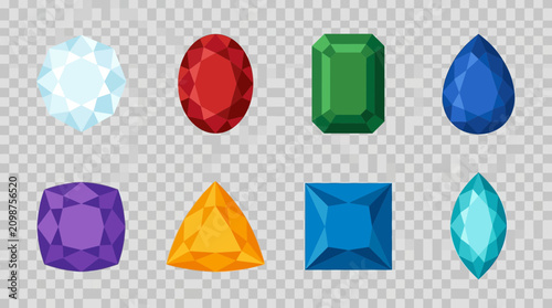 Luxury crystal icon collection on transparent background with various gemstones.