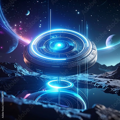 Glowing blue UFO in space landscape.