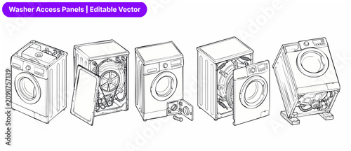 Valokuva Washing machine repair vector diagram showing washer maintenance access panels, internal components, appliance servicing line art, and technical engineering schematic outline drawings set