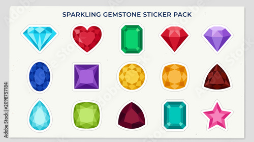 Sparkling gemstone sticker pack showcases colorful gems and jewels in various shapes and designs.