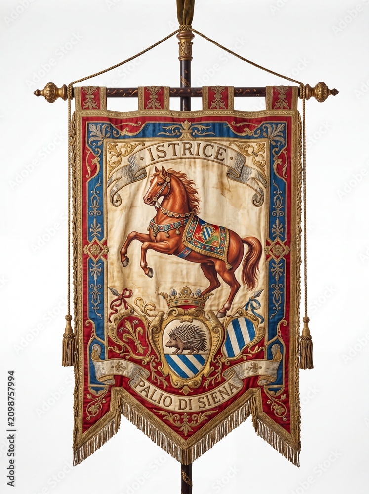 Obraz premium Ornate Palio Di Siena Banner Featuring A Painted Horse And The Istrice Hedgehog Heraldic Emblem.