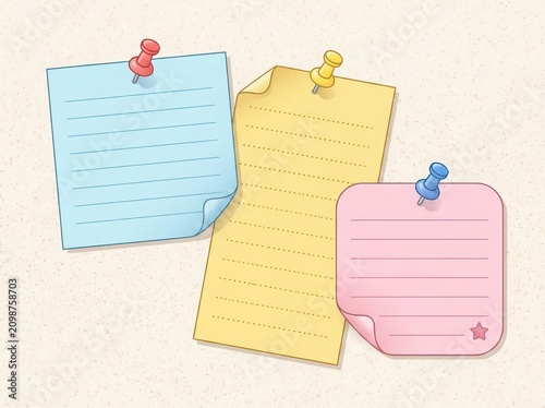 Three colorful sticky paper notes with push pins for reminders and office messages isolated on white background