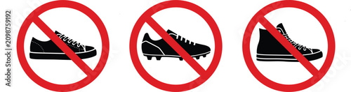 No footwear prohibition sign set featuring casual shoe, soccer cleat, and high-top sneaker icons inside red warning circles for safety, hygiene, and restricted areas