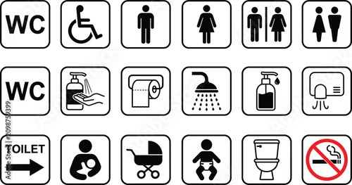 Public restroom and hygiene icon set featuring toilet, accessibility, baby care, sanitation, hand washing, shower, and no smoking symbols for wayfinding and signage