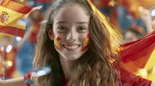 A cheerful young Spanish football fan emotionally cheers on her national team, proudly adorning her face with the colors of the Spanish flag