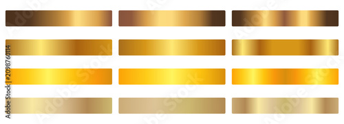 Gold gradient swatch set. Dark brown, amber, orange, yellow, champagne foil shades. Glossy horizontal bands, dark to light. For badge, label, ribbon, banner. Vector metallic texture palette.