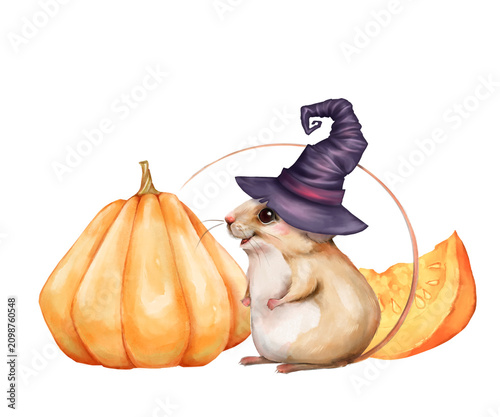 Cute mouse in witch hat with pumpkin hand-drawn illustration